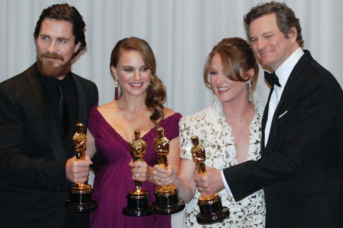 Christian Bale, Natalie Portman, Melissa Leo and Colin Firth in 2011. Image Via Wikimedia Commons.